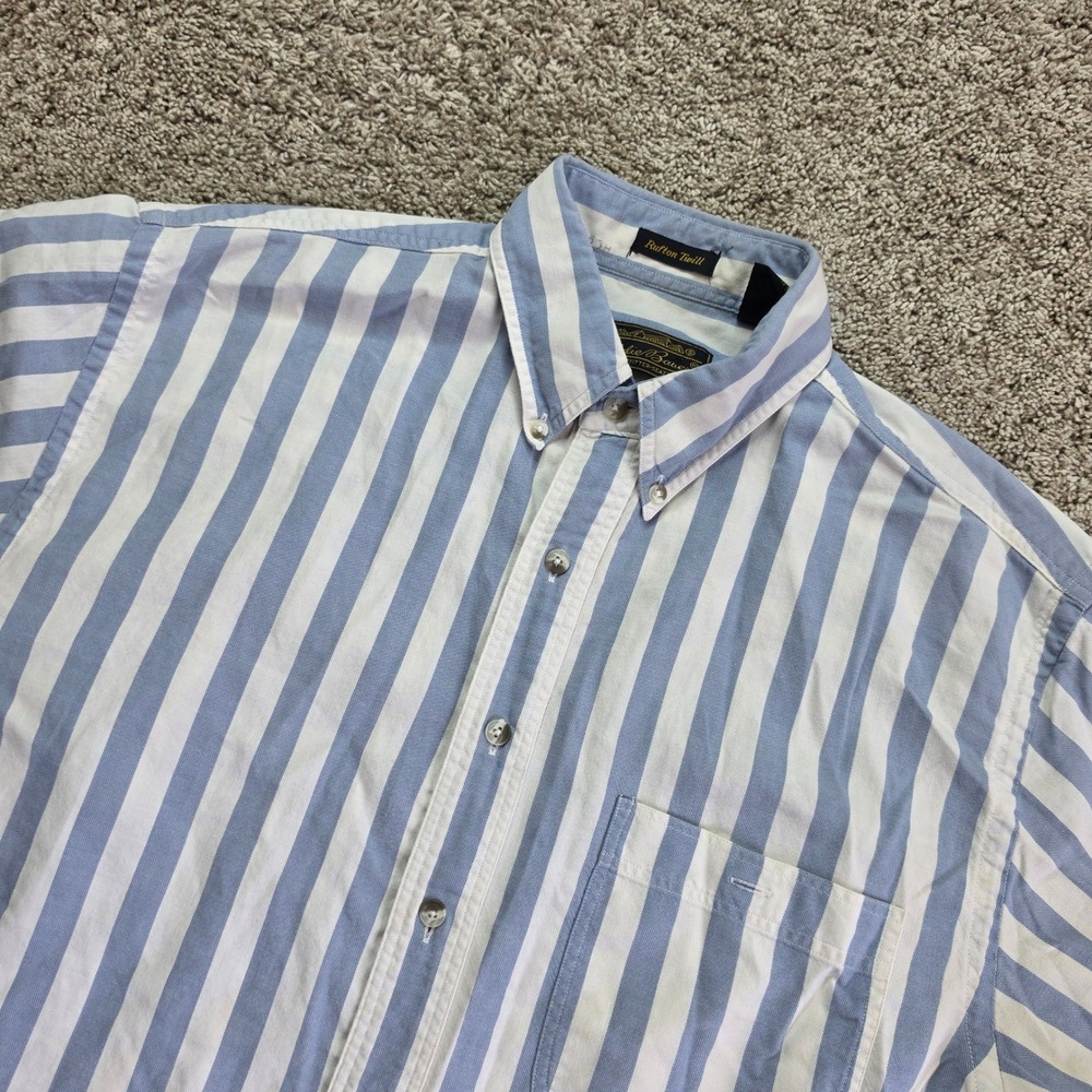 VINTAGE Eddie Bauer Shirt Men M Blue Rufton Twill Short Sleeve Striped Button Up
